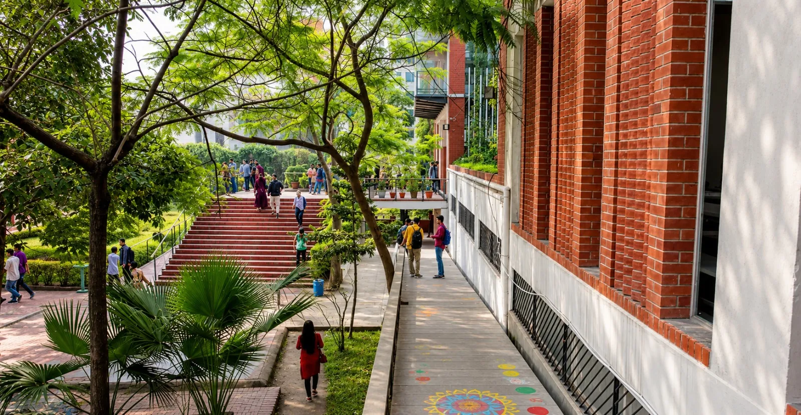 Students on the campus walkway